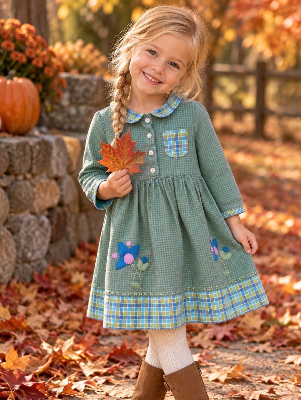 Cotton Flannel Green Plaid Trim Cotton Dress